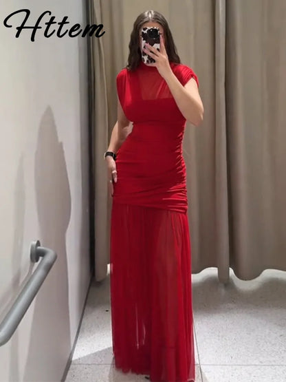 Maglia sexy vedere attraverso lungo abito rosso senza maniche piega patchwork a-line maxi abiti da festa femminile 2025 estate signora abiti slim