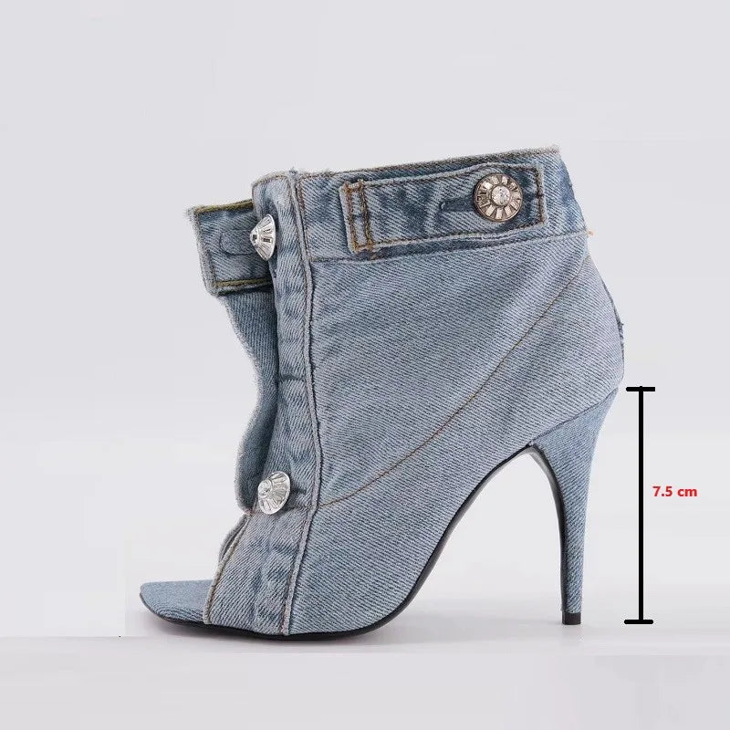 Summer Sandals Stiletto Heel Ladies Shoes Peep Toe Pumps Woman Brand Design Pumps Classic Blue Denim Boots Plus Size 43