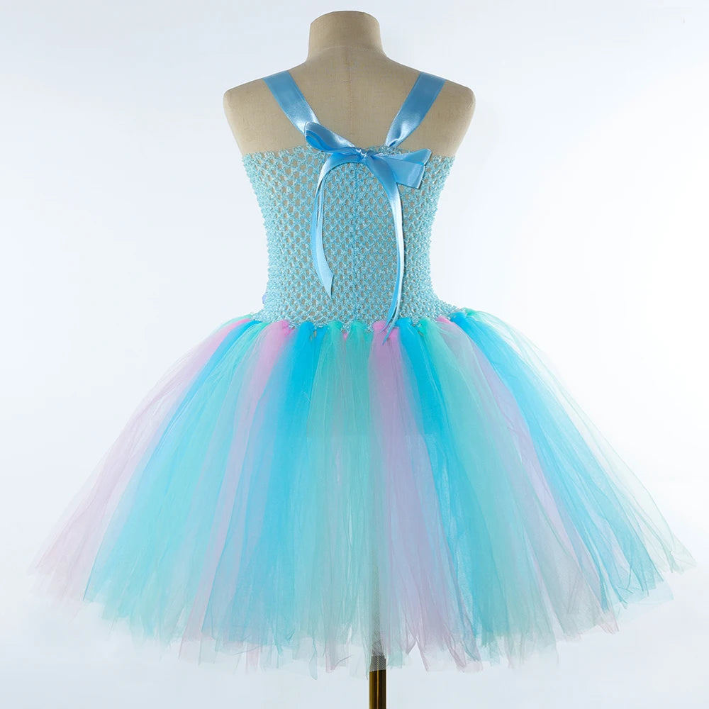 Costumi da fata dei fiori turchese per ragazze Abiti da principessa fata farfalla con ali Bacchetta per bambini Vestito da tutù di carnevale di Halloween