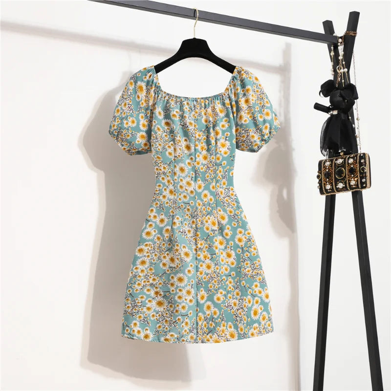 Mini abiti da donna Moda estiva Abiti femminili Stampa Abiti in chiffon floreale Abito casual con maniche corte a pieghe arricciate