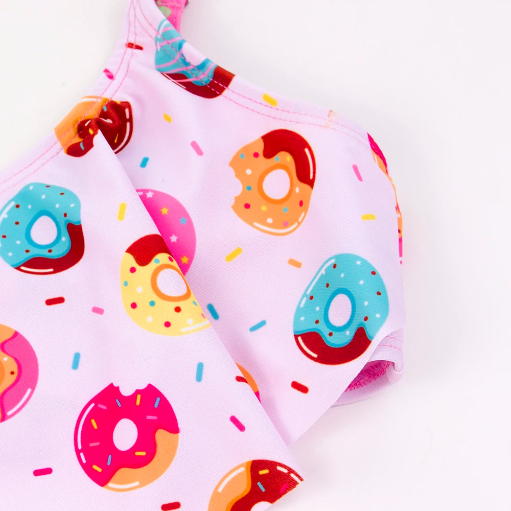 Donut-Print Falbala Mädchen Kinder Badeanzug Outdoor Süße 2-teilige Bademode Elastische Kontrast Mädchen Kinder Bikinis für den Sommerurlaub