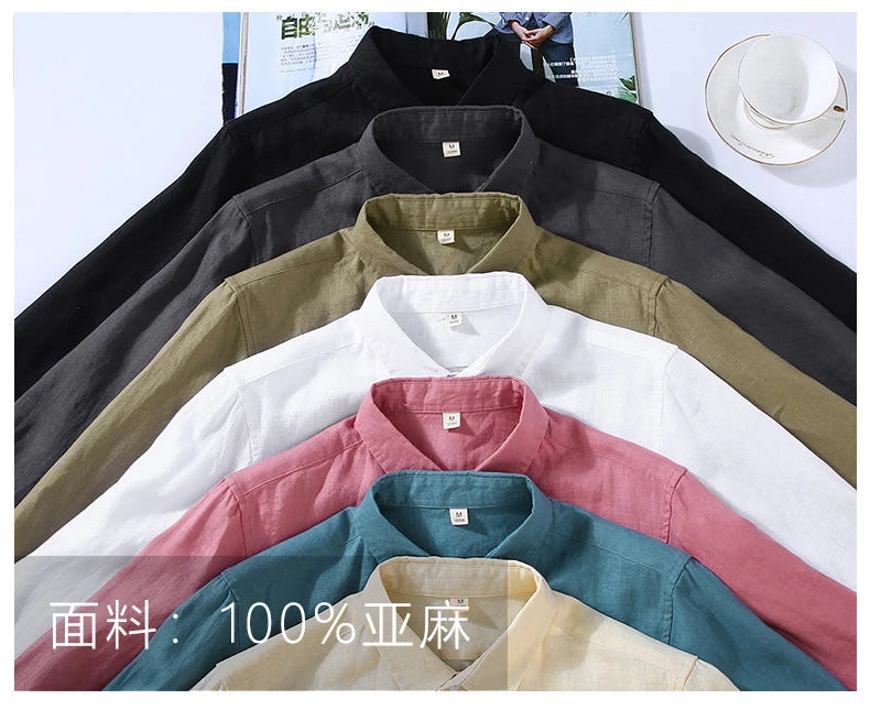 Camicia a maniche lunghe in lino 100% per uomo Primavera Autunno Moda Buona qualità Tinta unita Sottile e traspirante Camicetta con risvolto sano Top maschile