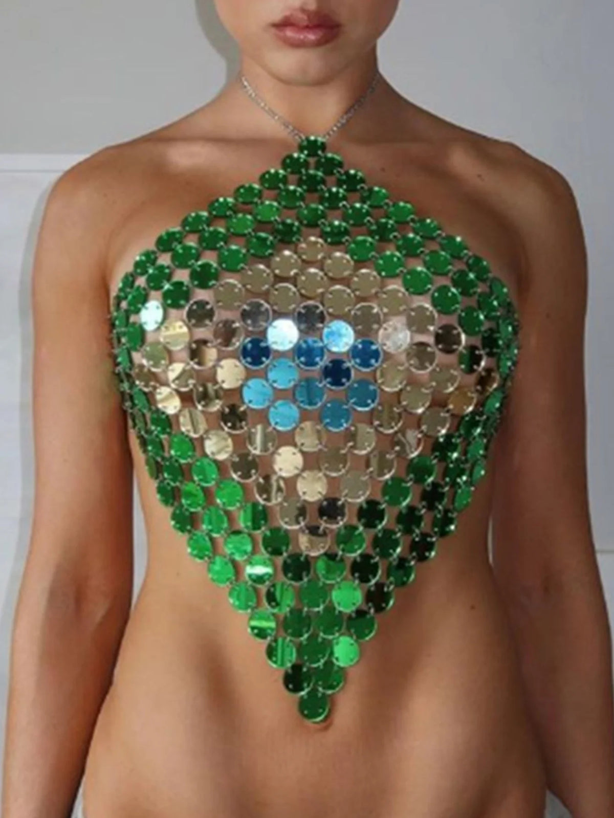 Top corto sexy con paillettes metalliche e scollo all'americana per donna, Estate 2026, trasparente e brillante, per abbigliamento da club e rave, top da spiaggia per feste, streetwear Y2K.