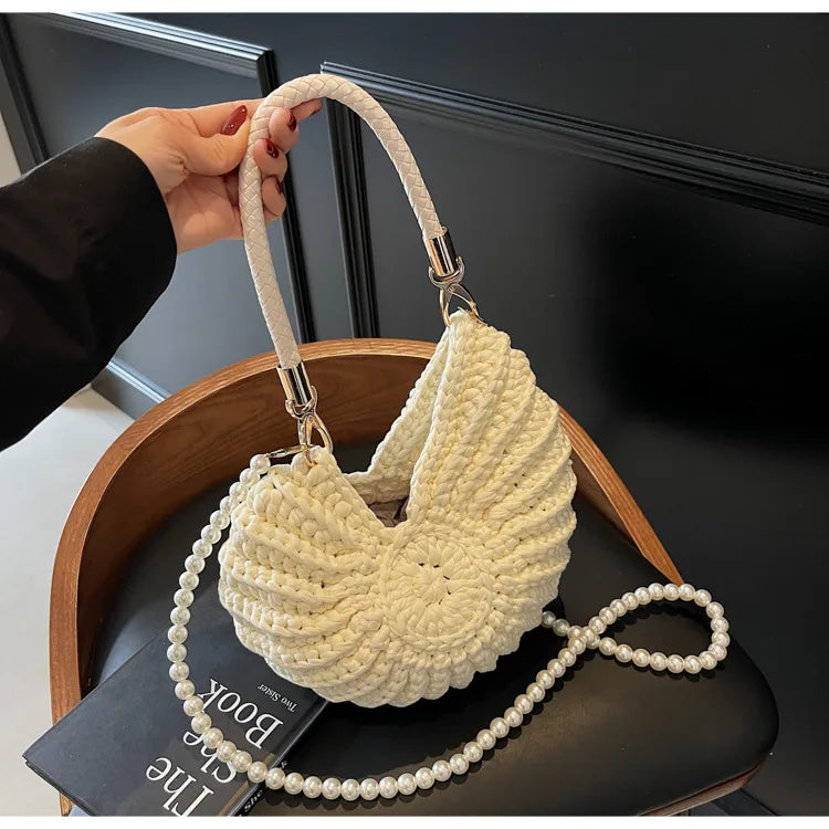 Borse a tracolla da donna all'uncinetto a forma di conchiglia creativa Divertenti catene di perle carine Borsa a tracolla in tessuto fatto a mano Novità piccole borse