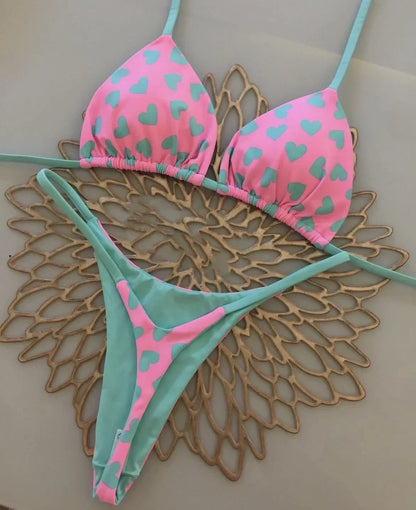 Summer Print Sexy Bikini Sets Halter Lace-up Tops Thongs Beach Style Bathing Suit Y2k Swimsuits Women Beachwear Fashion New