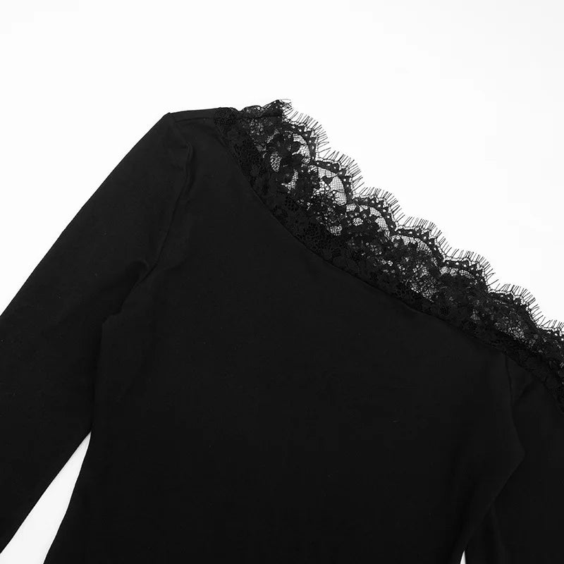 Top da donna con giunture in pizzo asimmetrico, moda casual, top autunnale, stile europeo americano, vita scoperta