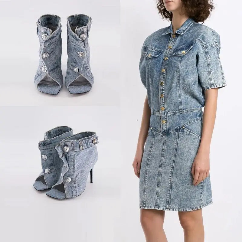 Summer Sandals Stiletto Heel Ladies Shoes Peep Toe Pumps Woman Brand Design Pumps Classic Blue Denim Boots Plus Size 43