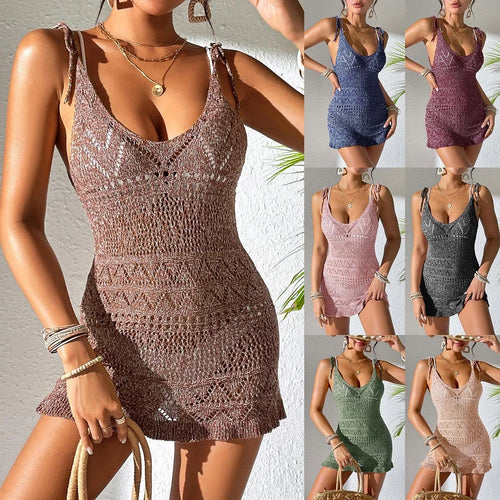 Damen Sommer Strandkleider Spaghetti-Träger Stretch Bikini Cover Ups Damen Aushöhlen Badebekleidungs-Kleid