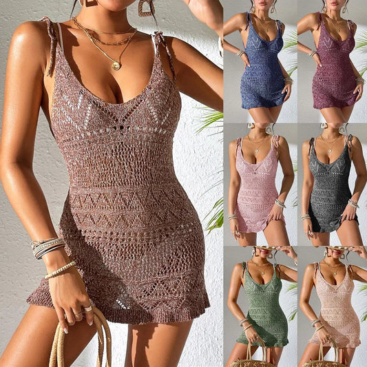  Women Summer Beach Dresses Spaghetti Straps Stretch Bikini Cover Ups Ladies Hollow Out Swimwear Dress