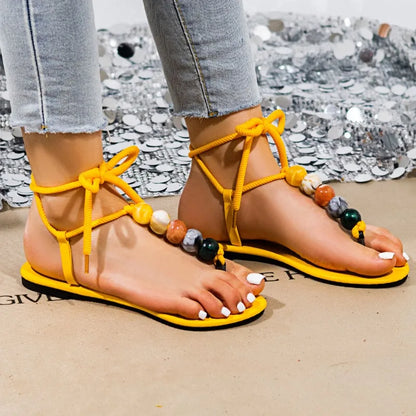 Sandali Donna 2026 Nuova Collezione Estiva con Decorazioni Perline e Lacci, Sandali Bassi Bohemien con Punta Aperta, Scarpe Casual Comode da Spiaggia