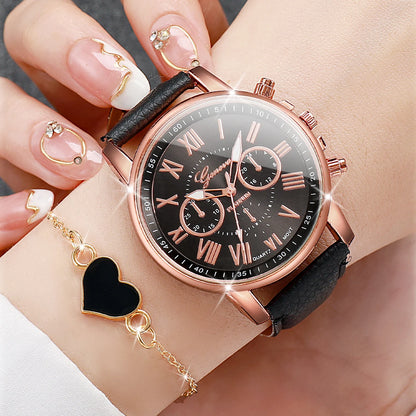 4 pezzi moda donna orologi semplice quadrante Roma orologio al quarzo cinturino in pelle da donna orologi da polso braccialetti a cuore set (senza scatola)