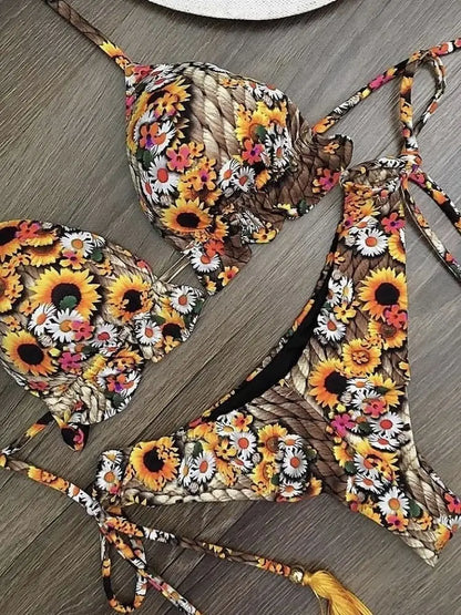 RUOTONGSEPT Sexy Micro Bikinis Set 2024 New Swimsuit Women Feather Print Bandage Swimwear Female Bathing Suit Brazilian Biquinis