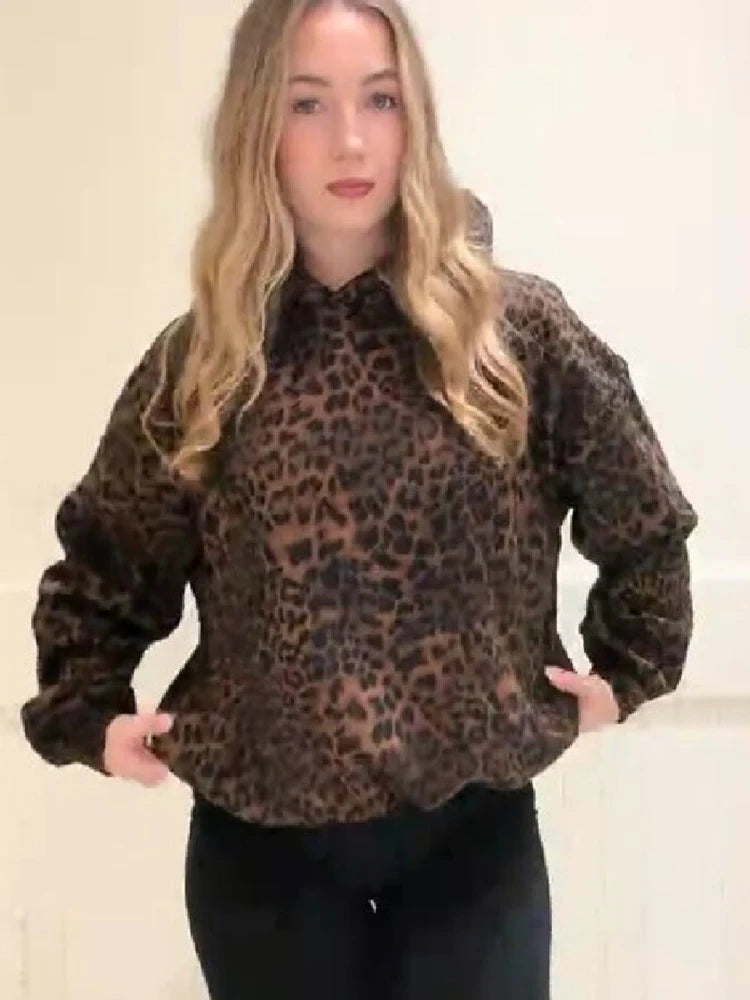 Felpa con Cappuccio Vintage Chic con Stampa Leopardata, Maniche Lunghe, Vestibilità Ampia, Stile Casual, Outfit Trendy e alla Moda per Donna