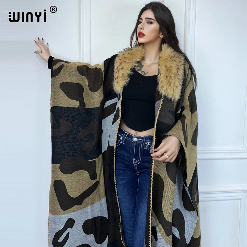 WINYI Africa Collo in pelliccia artificiale Cardigan invernale maxi kimono vestito da festa abaya dubai luxur abiti invernali per donna piumino