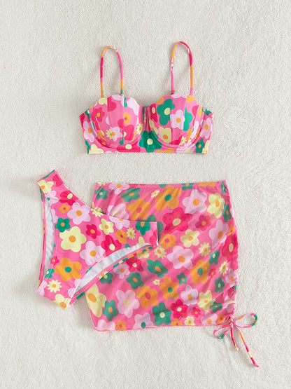 2023 Sexy stampa floreale tre pezzi bikini set push up costumi da bagno donna costume da bagno bikini femminile e gonna da spiaggia costume da bagno spiaggia