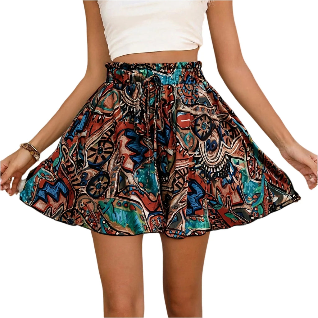 Pantaloncini bohémien da donna a vita alta con coulisse pantaloncini larghi pantaloncini da spiaggia comodi e leggeri pantaloni corti a gamba larga con stampa