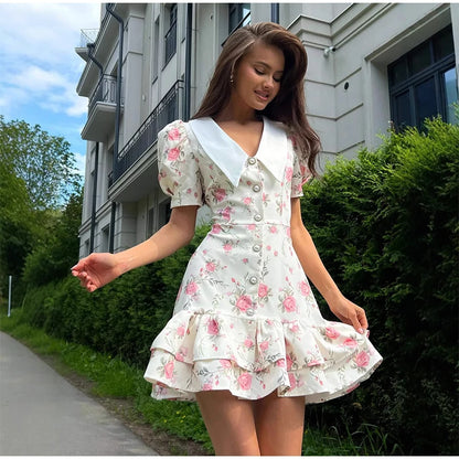 Mini abito con stampa casual Lady Summer Slim bottoni con risvolto Abiti a strati a trapezio Donna Manica corta Abito da vacanza Festa femminile Dolce