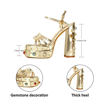 Neue Damen Sommer Plateau Sandalen wasserdicht dicker Boden Wasser Diamant Perle Niete Blume Satin offene Spitze High Heels groß