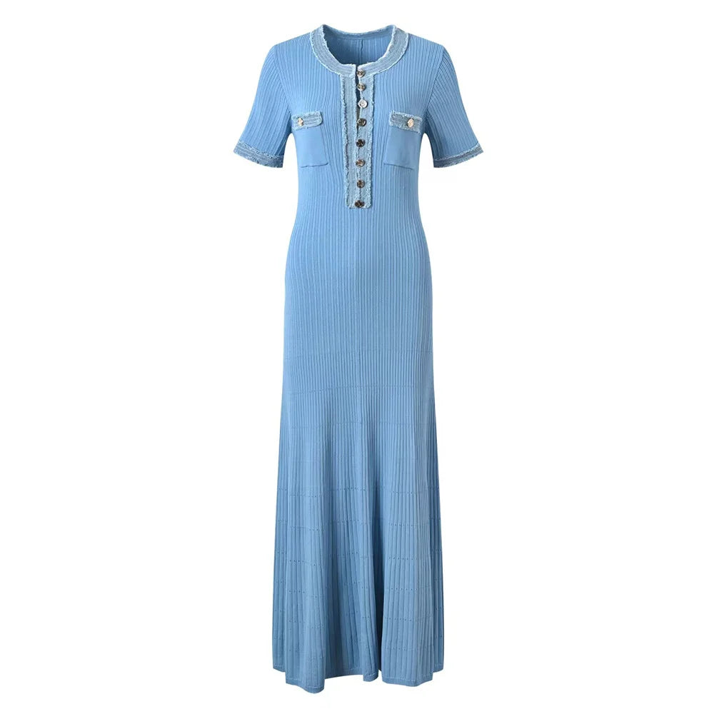 Abito lungo elegante in maglia da donna a contrasto Chic O-collo manica corta Bottoni in metallo Abiti aderenti Abito da pendolarismo da donna da ufficio