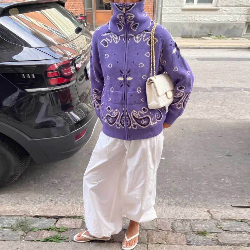 Cardigan da Donna in Maglia Stampata Casual, Maniche Lunghe, Cerniere, Colletto Alto, Tasche, Cappotti Autunno 2026, Abbigliamento Femminile Chic da Strada