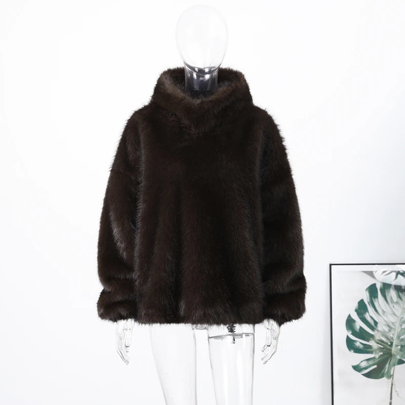Cappotto da donna in pelliccia sintetica marrone con cappuccio Giacca da tasca a maniche lunghe di lusso oversize Lady 2025 Autunno Inverno Chic Street Capispalla