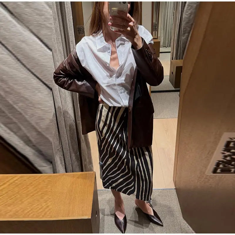 Gonna midi a righe zebrate da donna, a vita alta, dritta, elegante, aderente, casual, lunga, 2026, outfit moda street estivo e autunnale