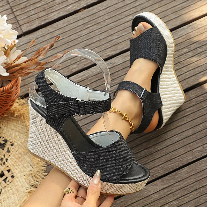 Sandales d'été compensées à talon haut pour femmes, Talon super haut 10 cm, Sandales décontractées à lanière de cheville et plateforme, Grandes tailles 43