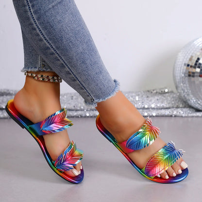 Nuovi Sandali Estivi Piatti da Donna, Sandali Monofascia Iridiscenti Sfumati alla Moda, Scarpe da Spiaggia Versatili Virali su Internet, Morbidi e Confortevoli