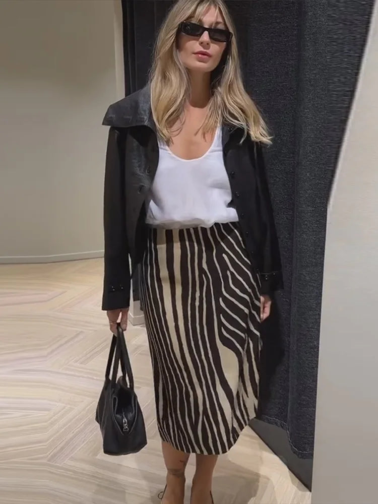 Gonna midi a righe zebrate da donna, a vita alta, dritta, elegante, aderente, casual, lunga, 2026, outfit moda street estivo e autunnale