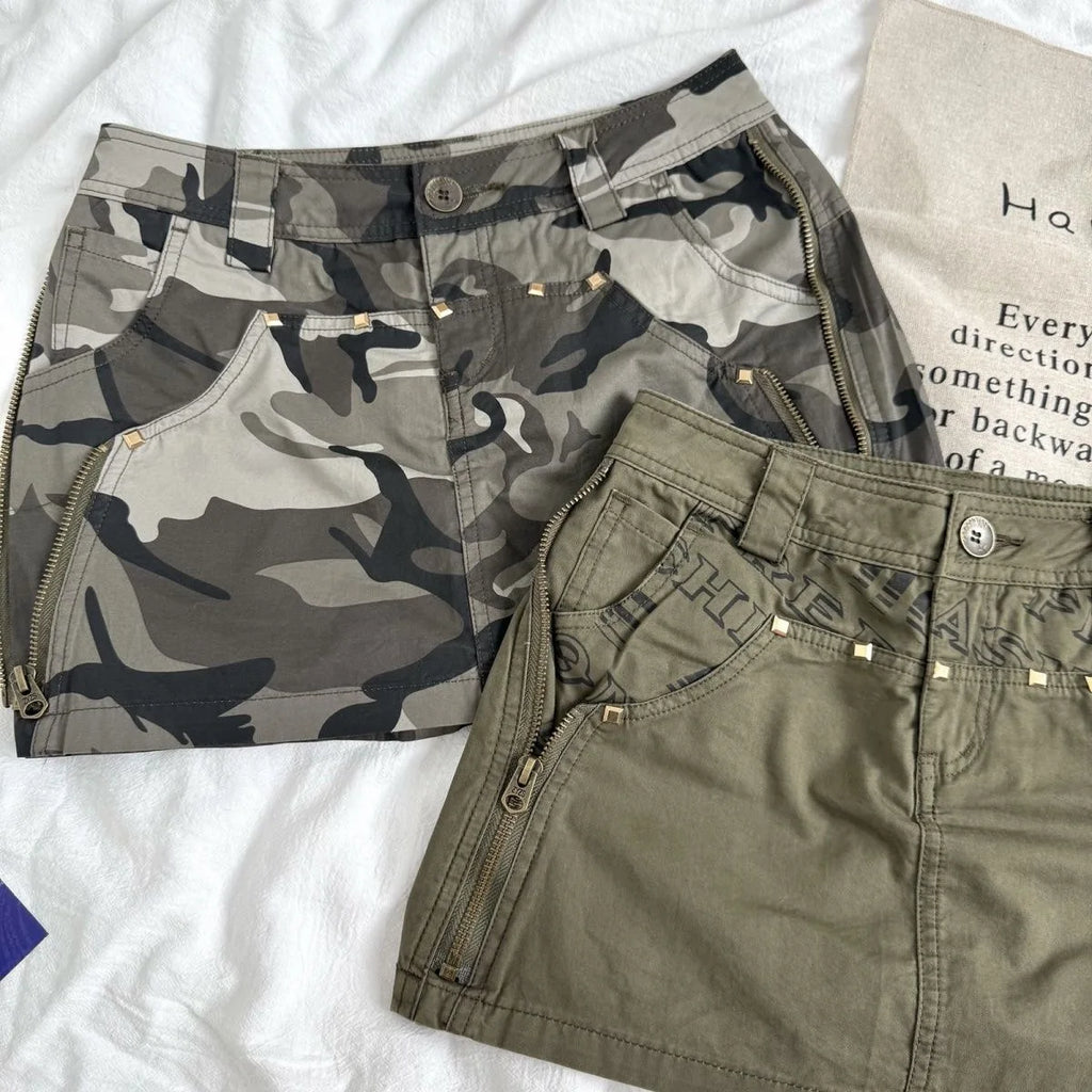 Y2K Minigonna moda Donna Harajuku Retro Camouflage Stampa grafica Verde militare Gonna corta Goth Multi tasche Pantaloncini a vita bassa