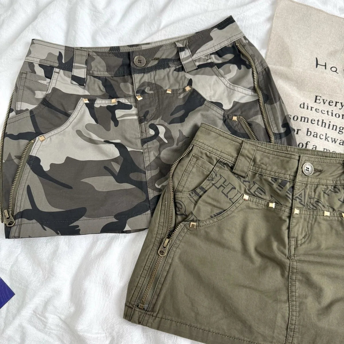 Y2K Minigonna moda Donna Harajuku Retro Camouflage Stampa grafica Verde militare Gonna corta Goth Multi tasche Pantaloncini a vita bassa