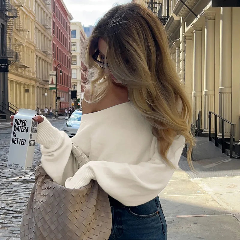 Maglione da donna monospalla in maglia, elegante, a maniche lunghe, caldo, con cintura in vita, pullover ampio, abbigliamento invernale autunnale, nuovo modello tinta unita