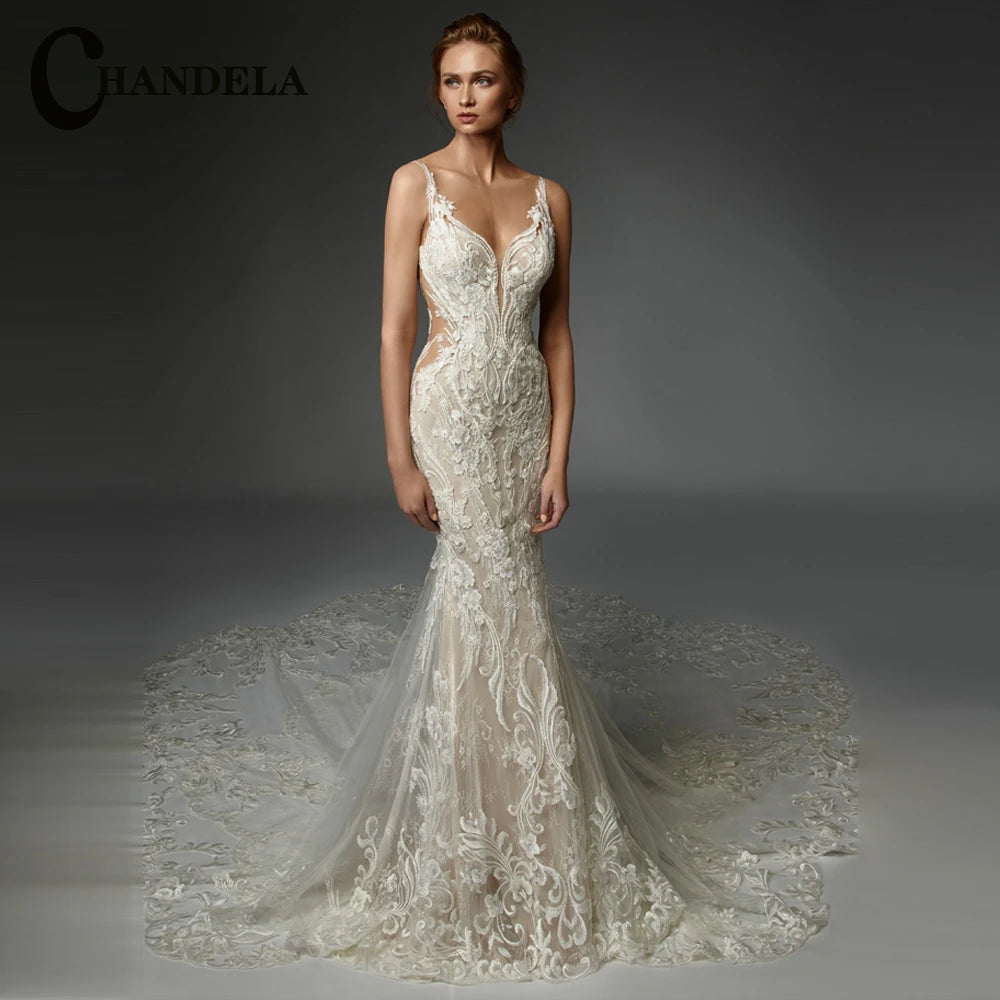 CHANDELA Abiti da sposa a tromba alla moda per le donne Sposa Applicazioni in pizzo con spalle scoperte Allacciatura Sweep Train Personalizzato