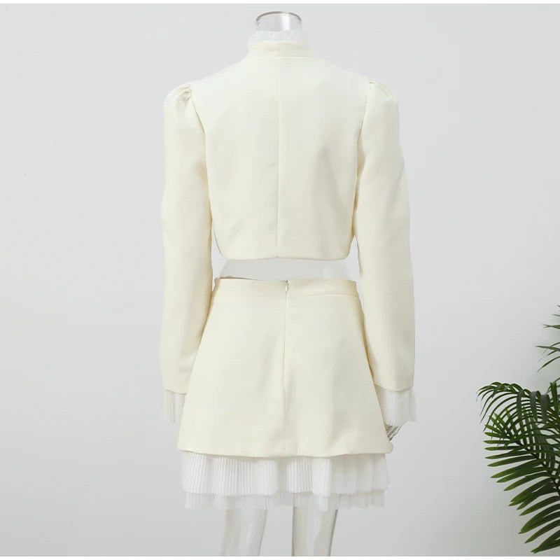Completo di Top Corto e Gonna Midi in Tulle Bianco, Lussuoso, con Scollo a V, Maniche Lunghe a Sbuffo, Vestibilità Slim, Collezione Primavera 2026, per Appuntamenti e Ufficio