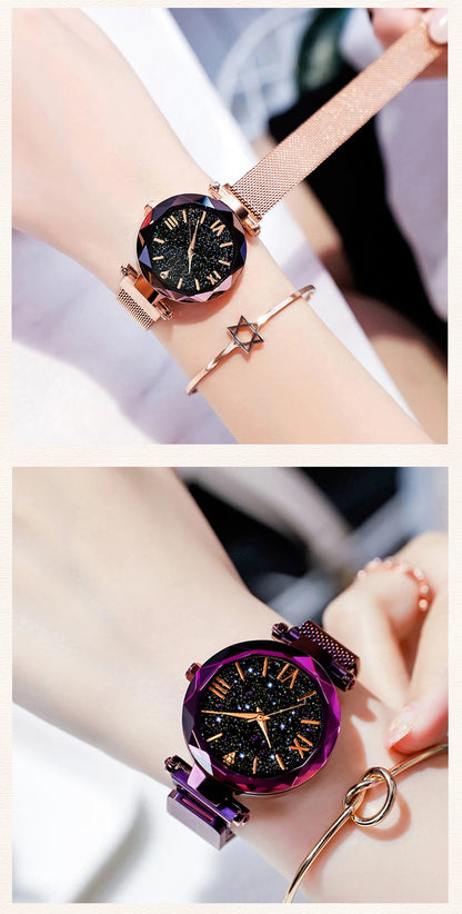 Orologi da donna con cielo stellato alla moda, fibbia magnetica, cintura in rete, orologio al quarzo con diamanti, orologio da donna
