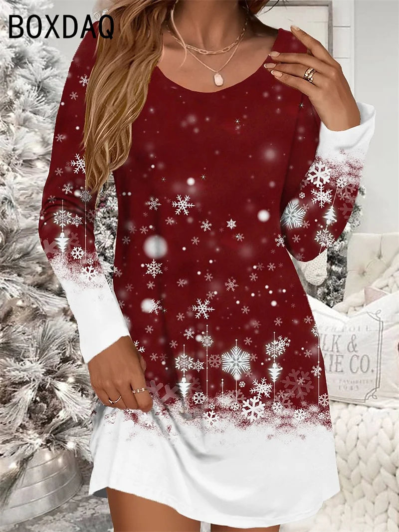 Abito natalizio rosso da donna Casual Natale Pupazzo di neve Fiocco di neve Stampa Mini abito Manica lunga O-Collo Abito da donna autunnale