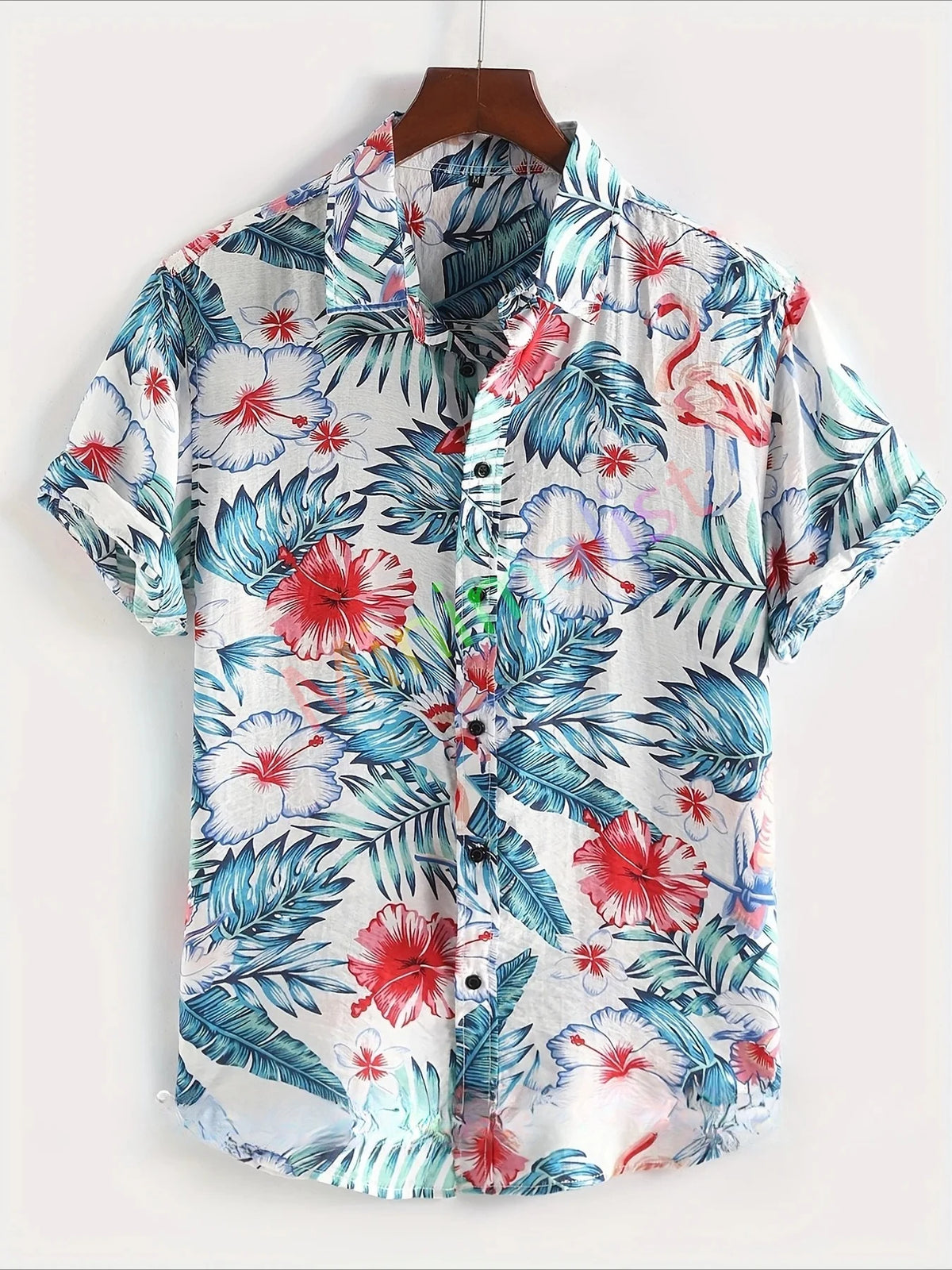 2025 Camicia con stampa foglia e fenicottero per uomo Camicia hawaiana Casual Beach Manica corta Moda Top Camicetta maschile Abbigliamento estivo