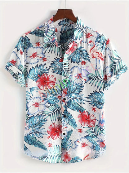 2025 Camicia con stampa foglia e fenicottero per uomo Camicia hawaiana Casual Beach Manica corta Moda Top Camicetta maschile Abbigliamento estivo