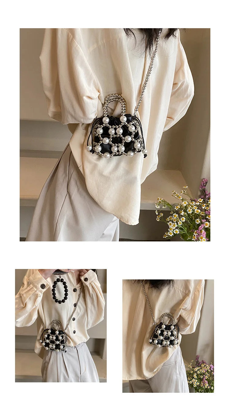 2024 estate piccole borse a tracolla per le donne Fine Fashion Hollow Pearl Beaded Weave Mini borse Trendy Party Prom frizioni borse