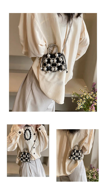2024 estate piccole borse a tracolla per le donne Fine Fashion Hollow Pearl Beaded Weave Mini borse Trendy Party Prom frizioni borse