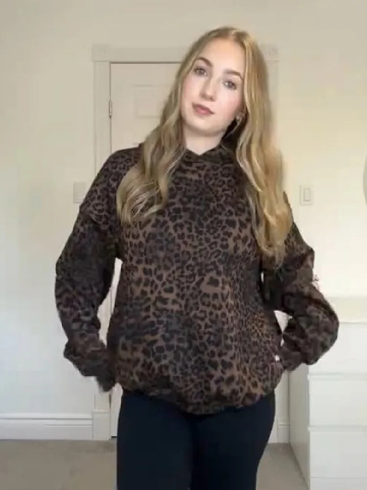 Felpa con Cappuccio Vintage Chic con Stampa Leopardata, Maniche Lunghe, Vestibilità Ampia, Stile Casual, Outfit Trendy e alla Moda per Donna