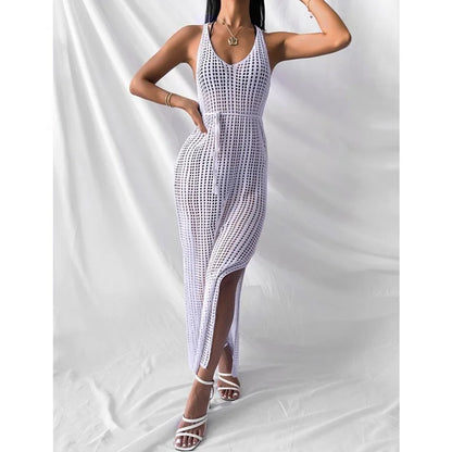 New Women's Sexy Knitted Midi Dresses Summer Elegant Beachwear Hollow Out Fishnet Bikini Cover-ups Vacation Long Dress for Girls