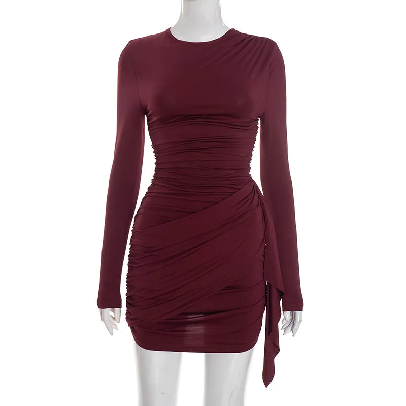 Abito tubino sottile solido girocollo Moda donna manica lunga avvolgente corto mini abiti a vita alta Lady 2026 abito da sera per feste