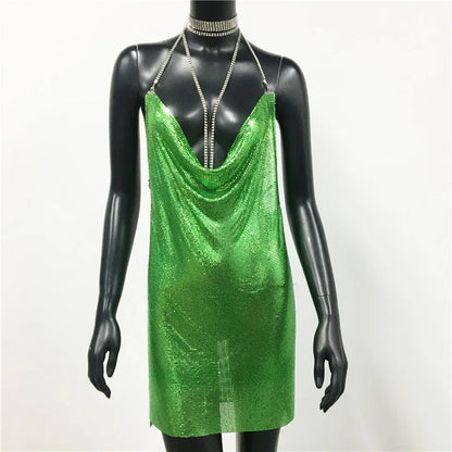 AKYZO Mini abito patchwork con paillettes dorate sexy Donna senza maniche Taglio basso Catene di metallo Halter Slim Abiti da festa da discoteca affascinanti
