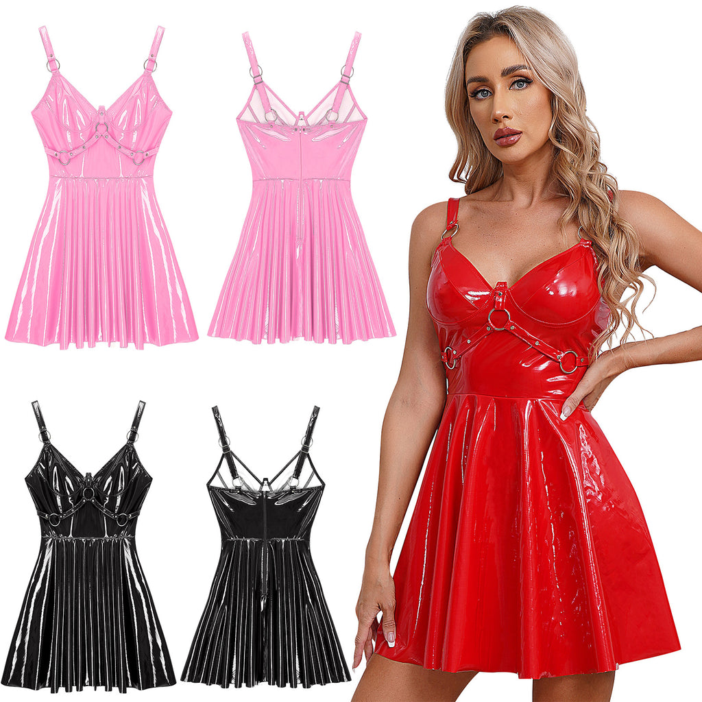 Abito sottoveste in pelle verniciata Sexy effetto bagnato da donna O-Ring rivetti con spalline scollo a V Punk gotico a-line Mini abiti Rave Party Clubwear