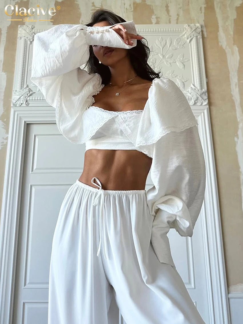 Clacive Top da donna bianco sottile sexy 2025 Moda colletto quadrato manica lunga Crop Top elegante classico solido Top abbigliamento femminile