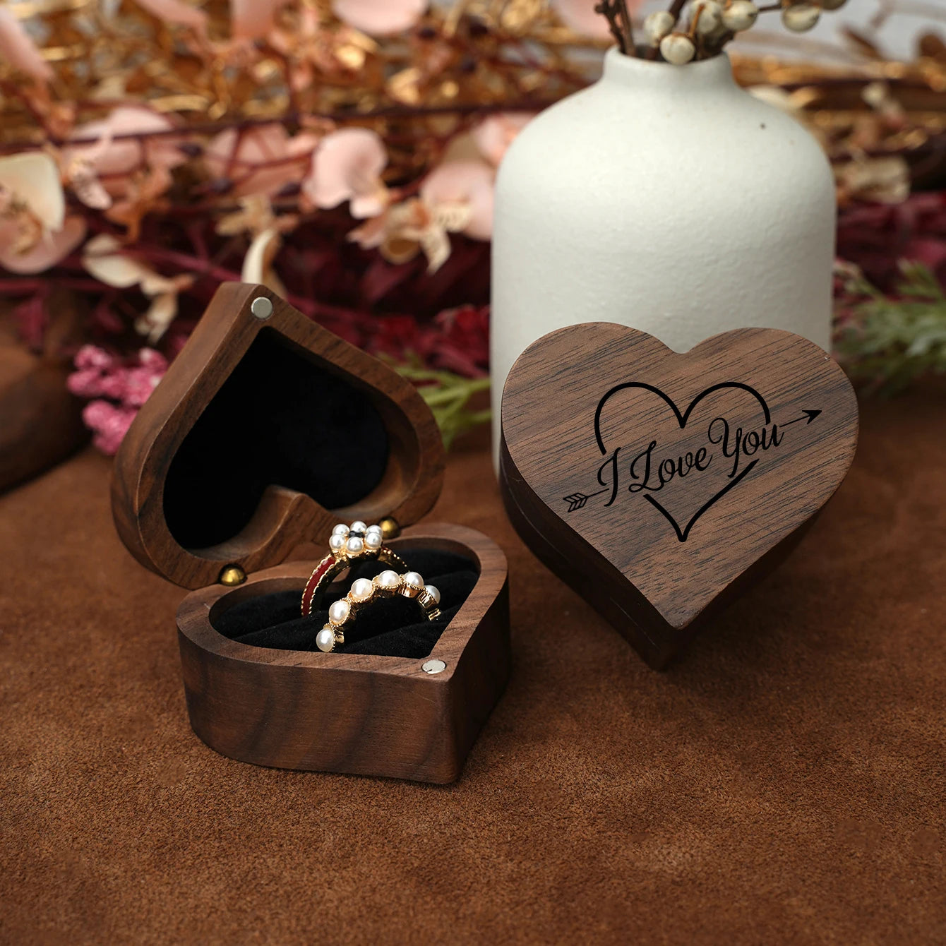 Portagioie per anelli a forma di cuore in legno vintage, organizer magnetico per gioielli con cassetto, regalo di fidanzamento per matrimoni, custodia per anelli