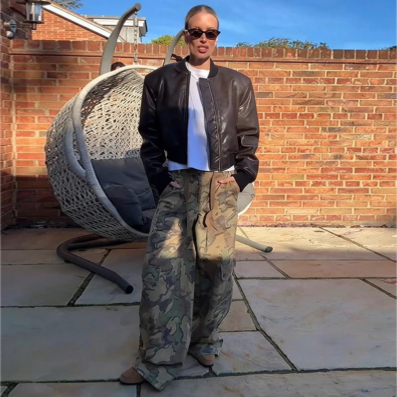 Pantaloni da donna con stampa mimetica, vita con coulisse, gamba larga, taglio ampio, orlo con coulisse, vestibilità comoda, pantaloni casual, streetwear, nuova moda 2026