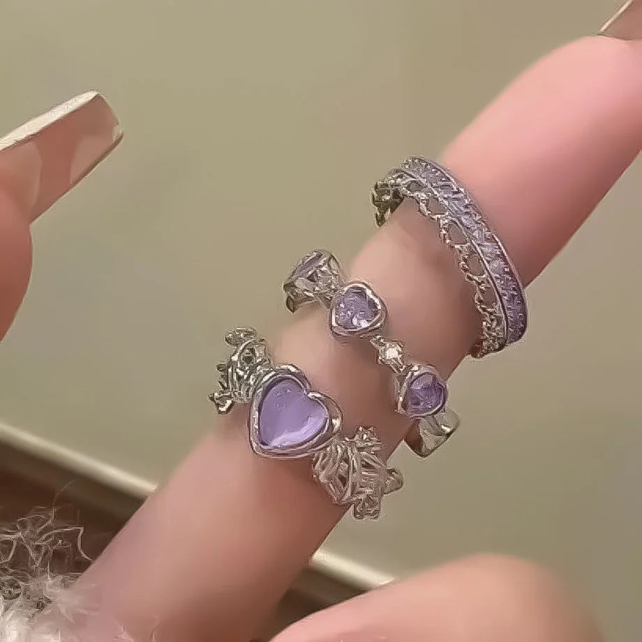 Set da 3 pezzi Anelli a forma di cuore d'amore per donne Ragazze Luce di lusso dolce strass Anello di apertura Regali di gioielli per feste di nozze di moda