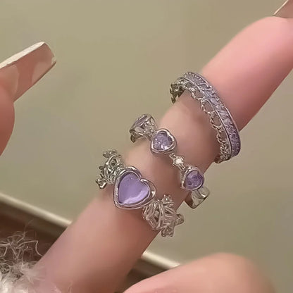 Set da 3 pezzi Anelli a forma di cuore d'amore per donne Ragazze Luce di lusso dolce strass Anello di apertura Regali di gioielli per feste di nozze di moda